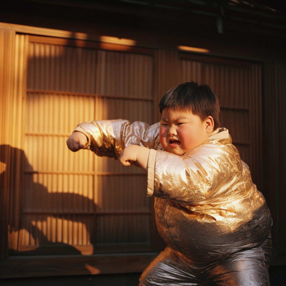 A young boy in a gold and silver metallic costume, with a determined expression, is in a fighting stance, with his fists clenched and his arms raised.