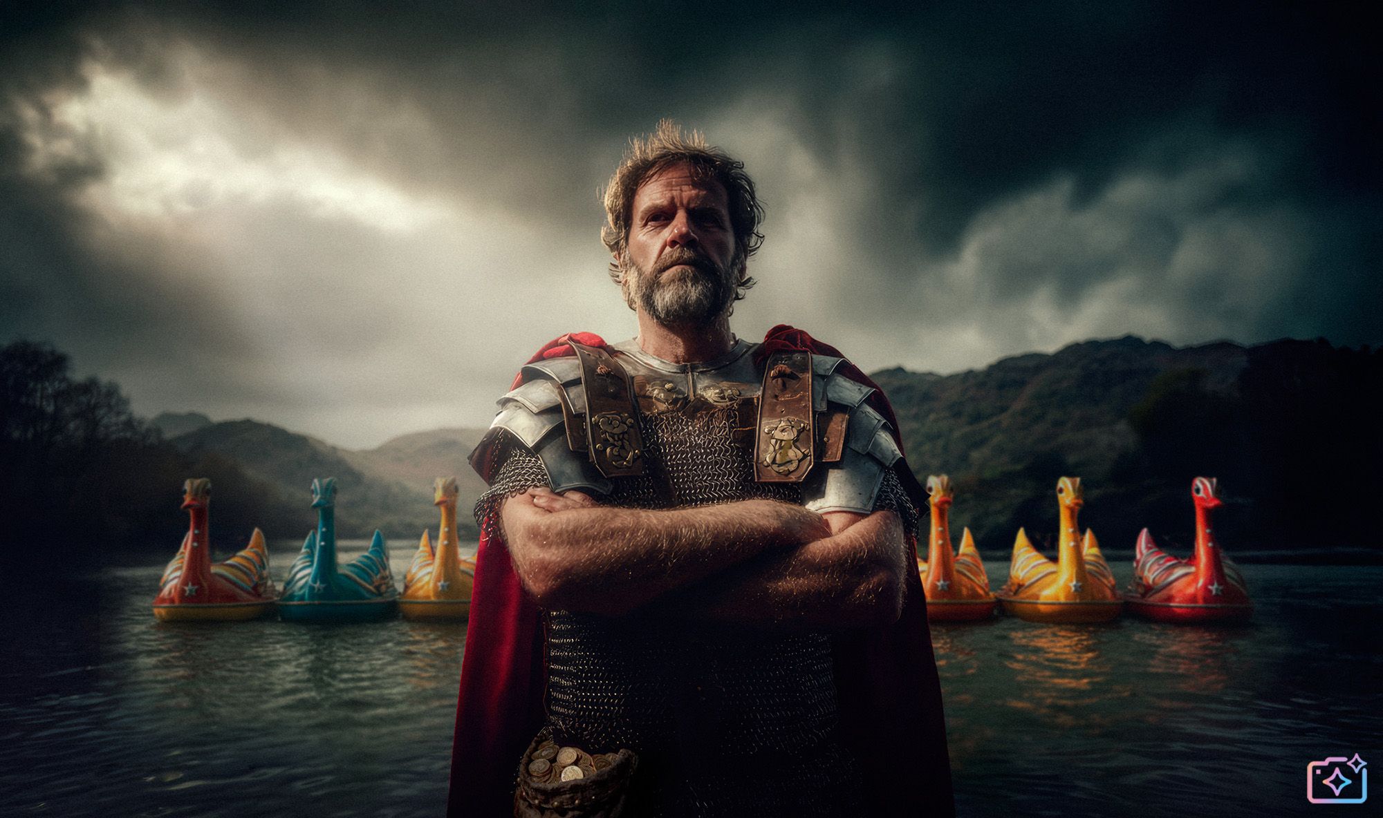 A man in a Roman-style military uniform, standing in a lake with a group of swan-shaped boats in the background, under a stormy sky.