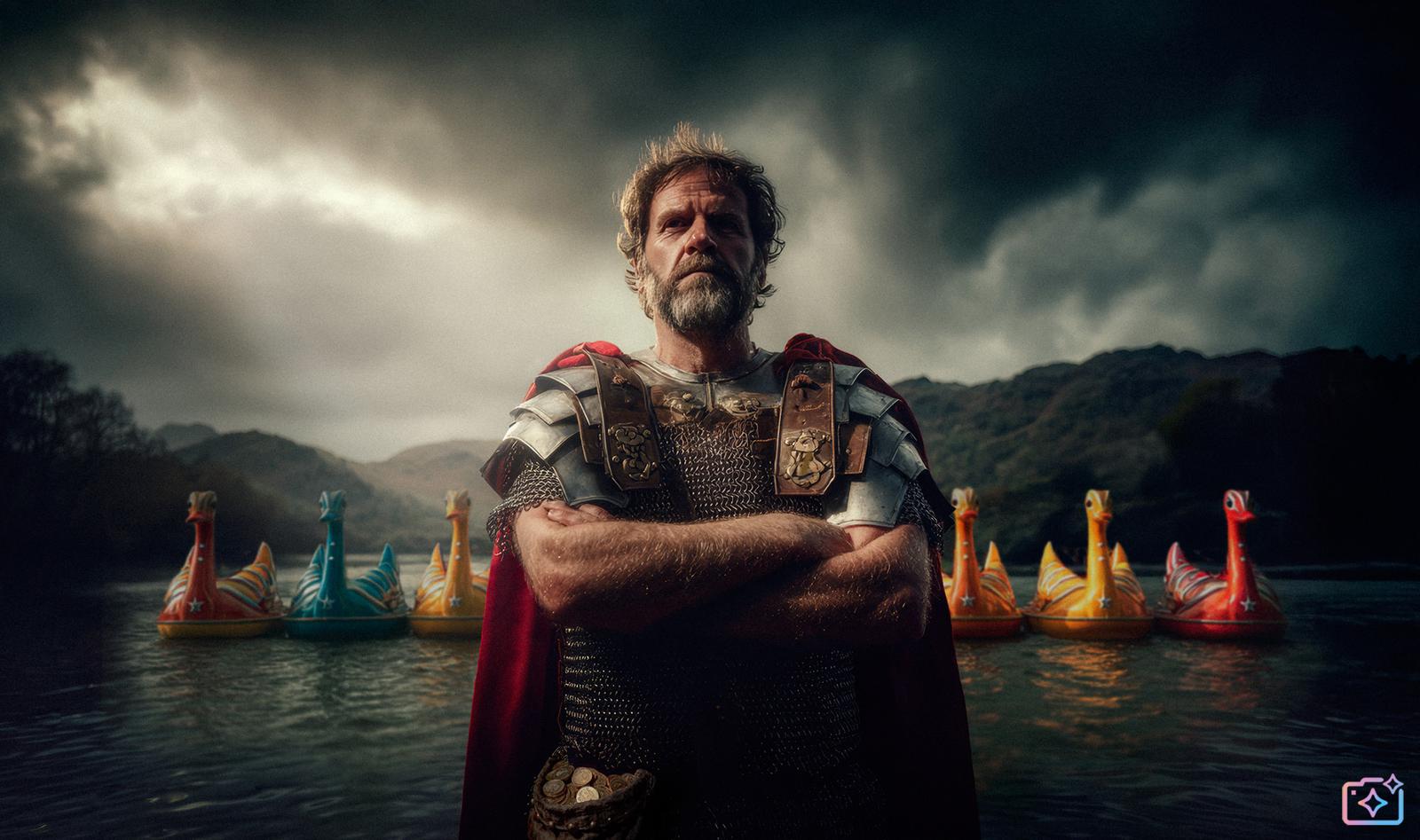 A man in a Roman-style military uniform, standing in a lake with a group of swan-shaped boats in the background, under a stormy sky.