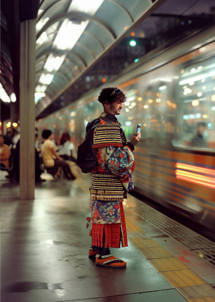 A man stands on a train platform, viewing his phone.