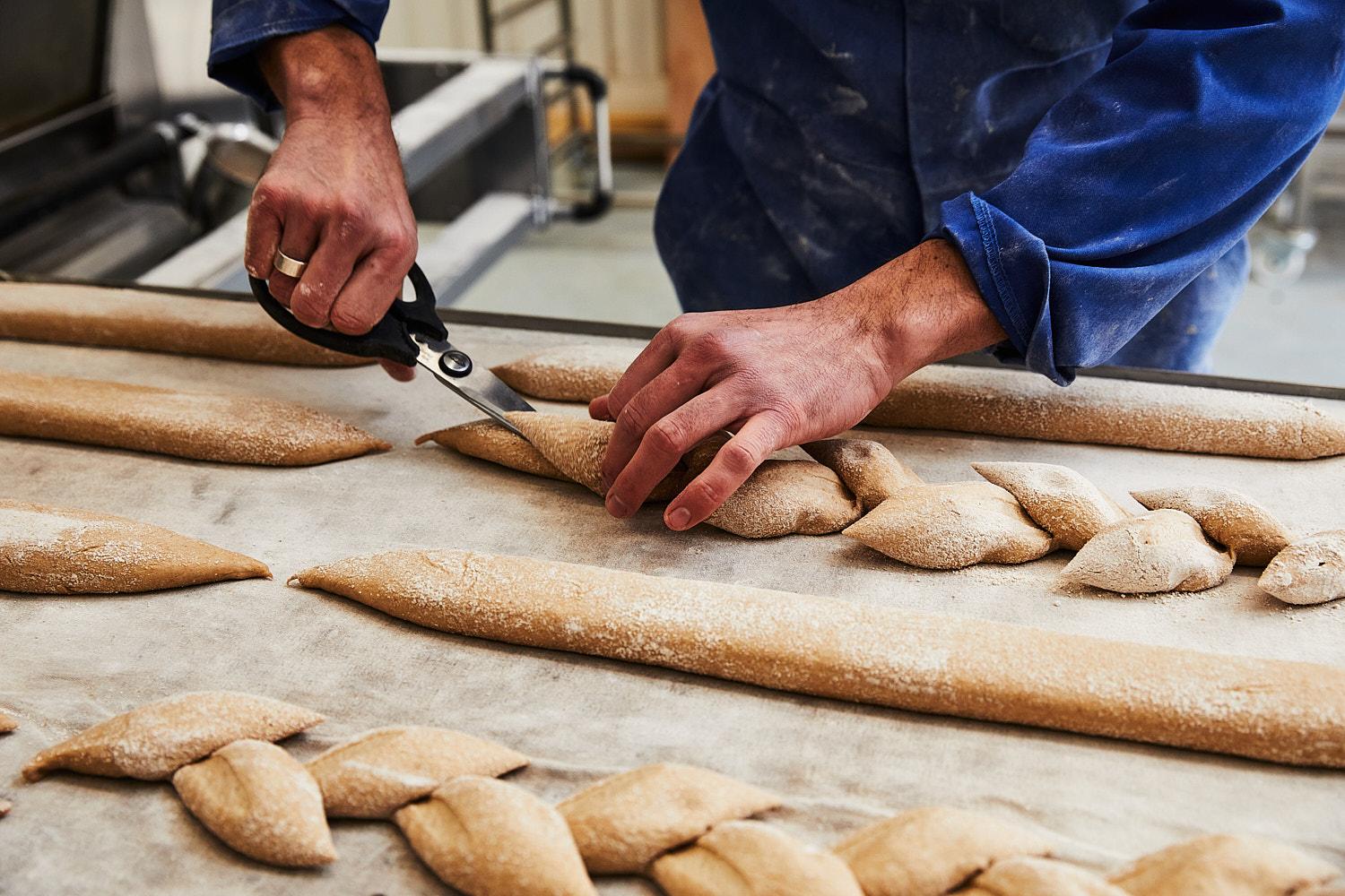 A person in a blue chef's coat is cutting a long, thin, crusty bread loaf into multiple, identical, long, thin, crusty bread loaves.