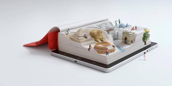 A 3D illustration of a cityscape with various buildings, roads, and people, with a large book in the center, surrounded by a city map, with a few people reading books and others walking in the city