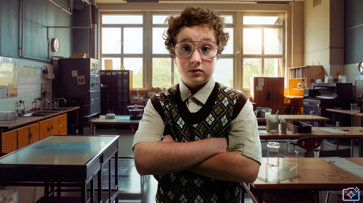 A young boy with curly hair and glasses stands in a cluttered room with science equipment in the background.
