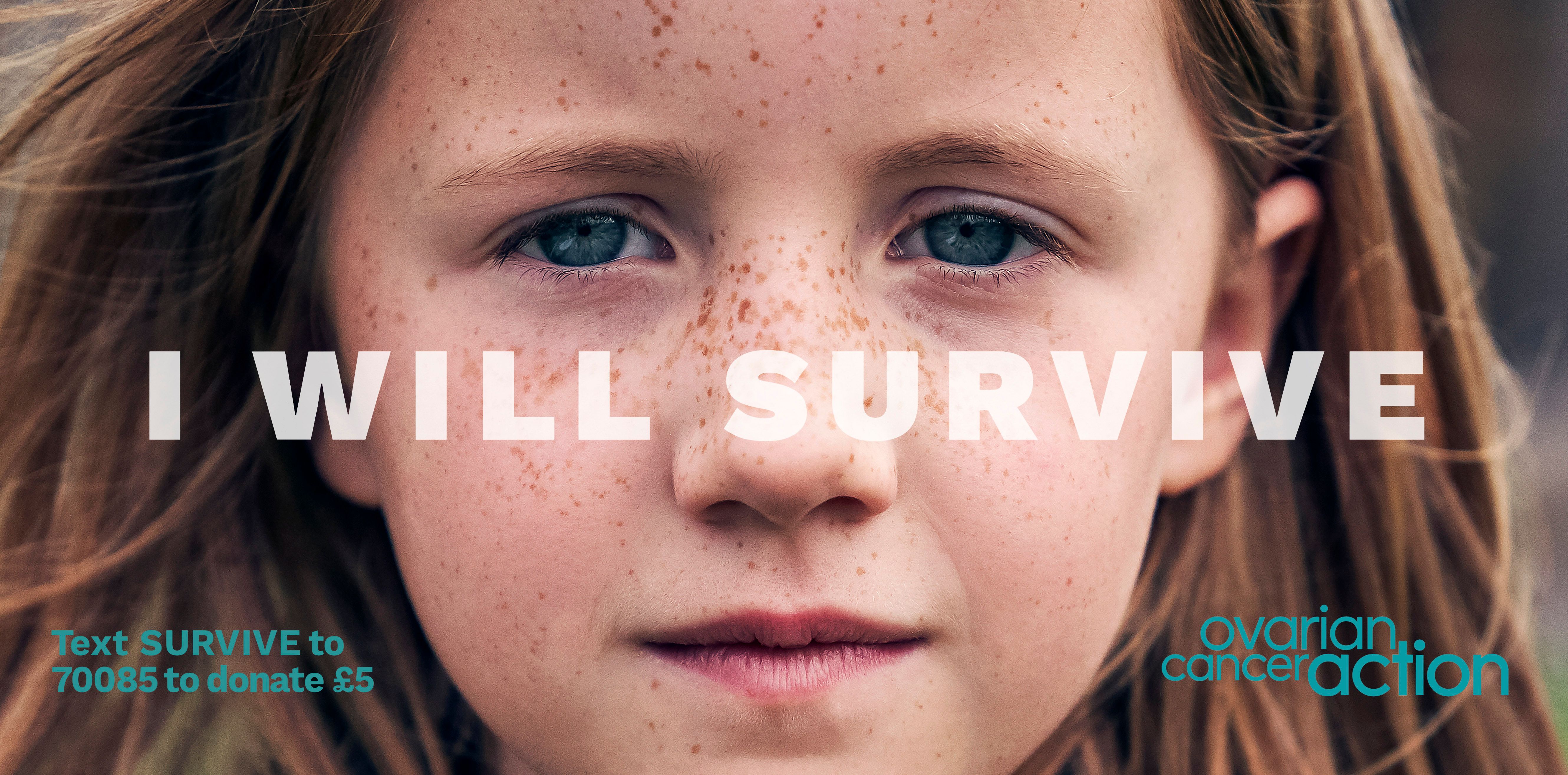 A young girl with freckles and long hair has a serious expression, displaying ‘I WILL SURVIVE’ with donation information below.