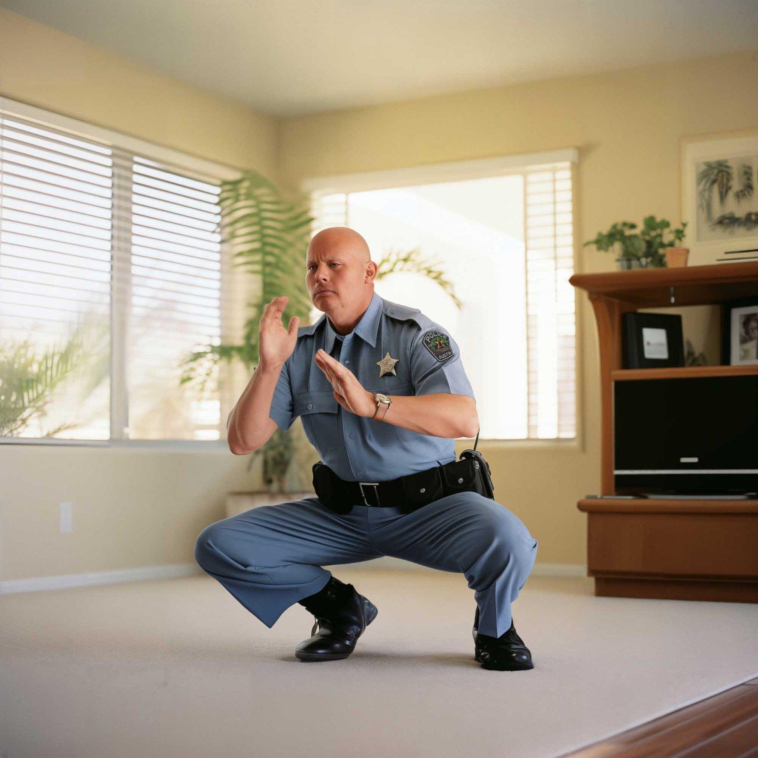 A police officer in a living room, wearing a blue uniform with a badge and a gun holster, standing in a defensive stance with his hands up in a 'stop' gesture.