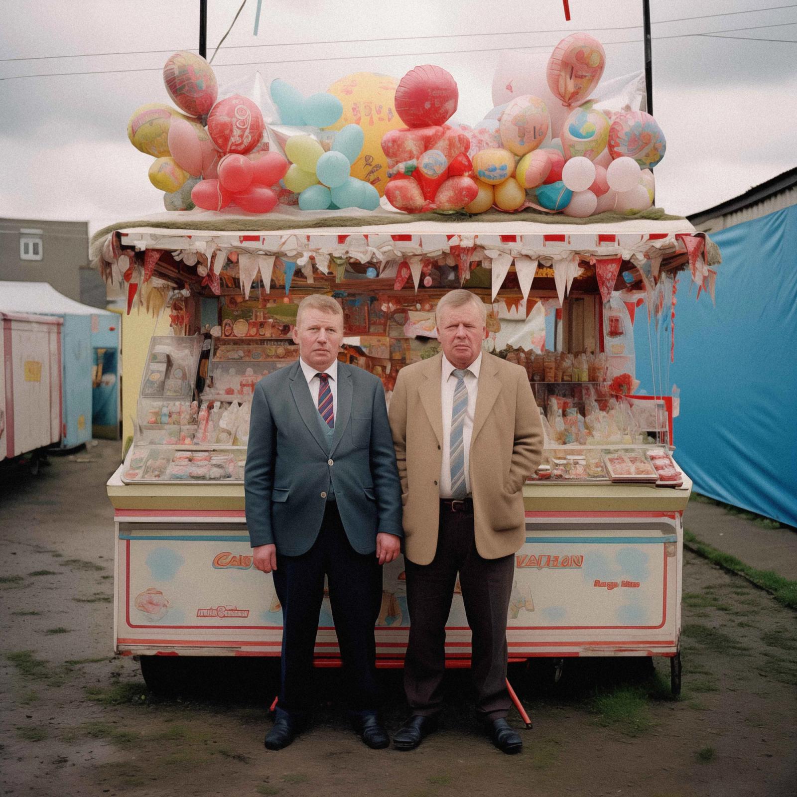 Two men in suits standing in front of a colorful food cart with a large selection of sweets and balloons.