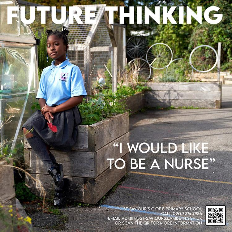 A young girl in a school uniform sitting on a wooden planter box in a school garden, surrounded by plants and a greenhouse.