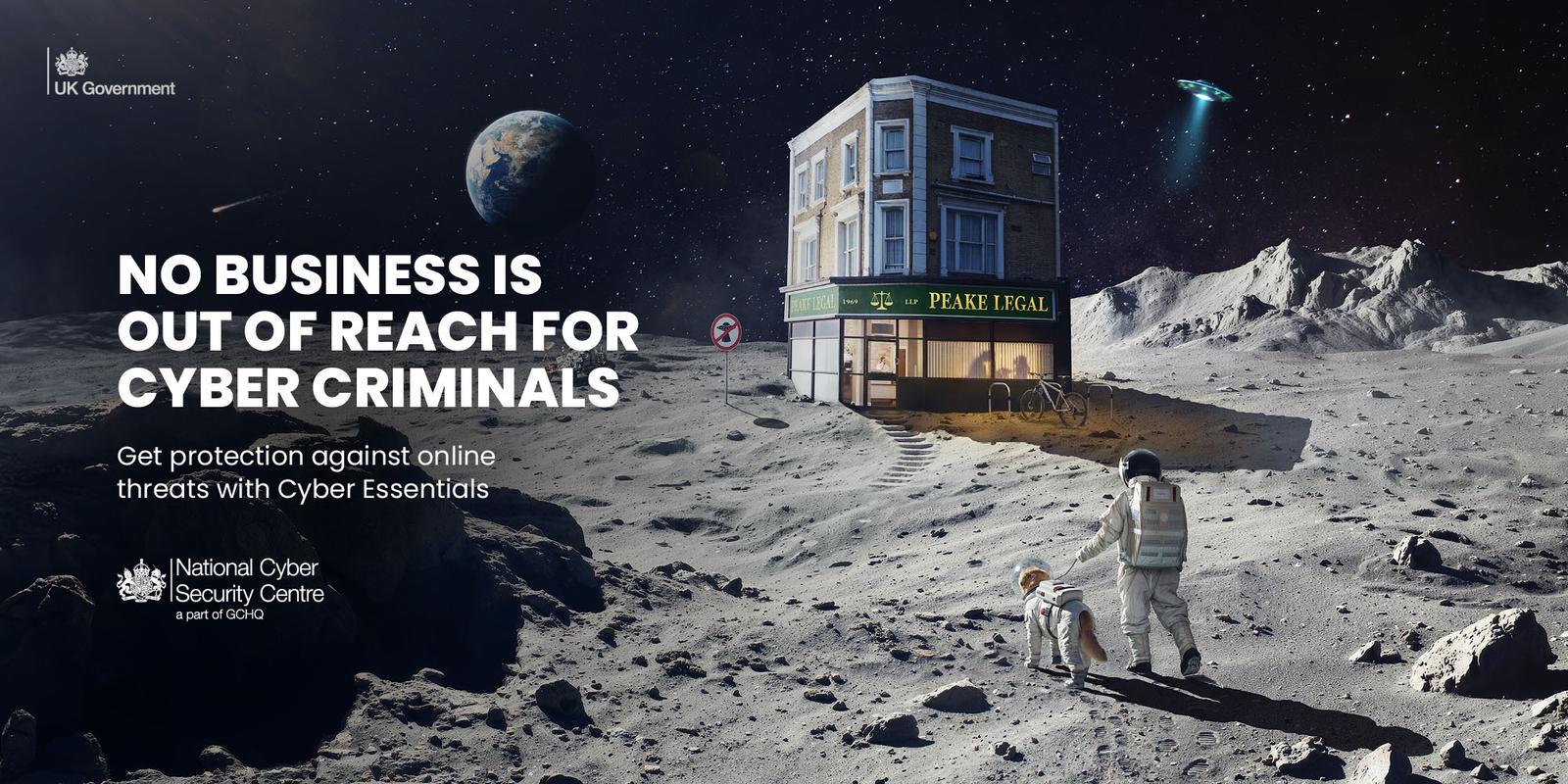 An office building on the moon being visited by an astronaut and his dog.