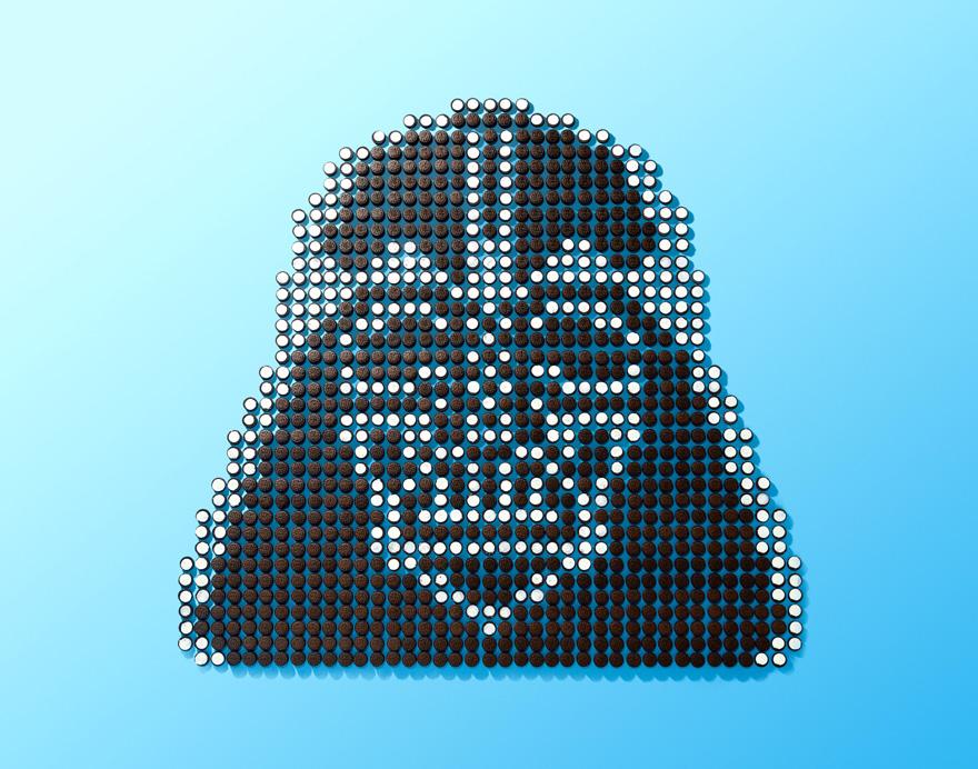 A 3D image of a Star Wars character, specifically Darth Vader, made up of small, round, black and white dots.
