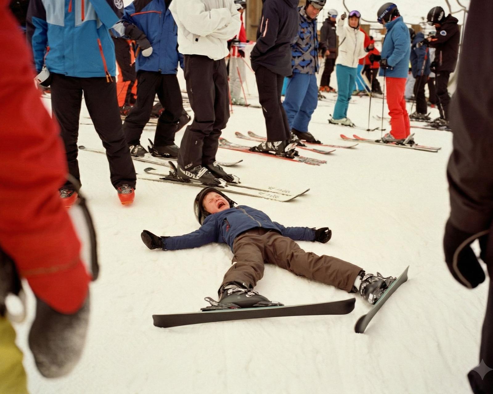 A child in a blue jacket and brown pants lies on the snow in a ski resort, surrounded by skiers and snowboarders.