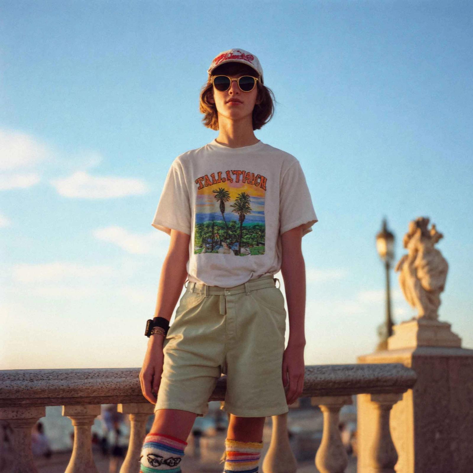 A young woman with short hair and sunglasses stands on a beach, wearing a white t-shirt with a palm tree design, beige shorts, and striped socks.