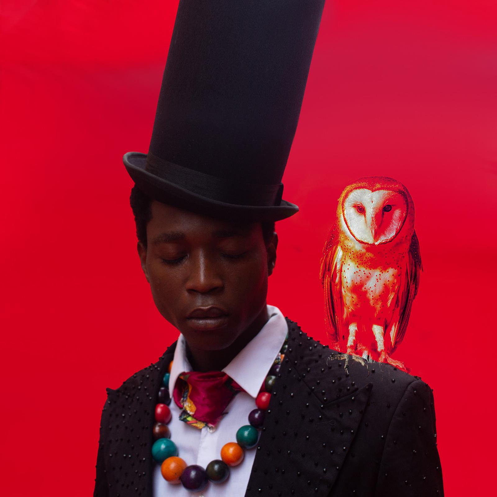 A person wearing a top hat and a long, dark coat with a white shirt and a patterned tie, standing in front of a red background with a large, white owl perched on their shoulder.