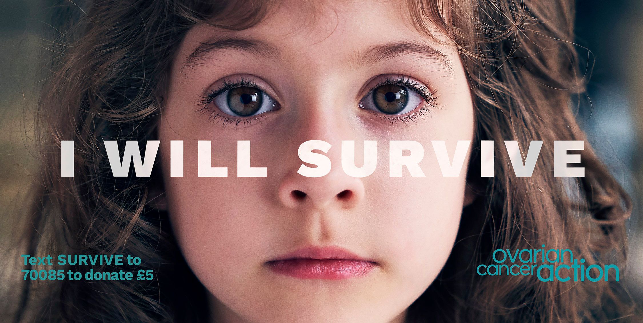 A close-up of a young girl's face with a serious expression, with a text overlay reading 'I WILL SURVIVE' in large white letters.