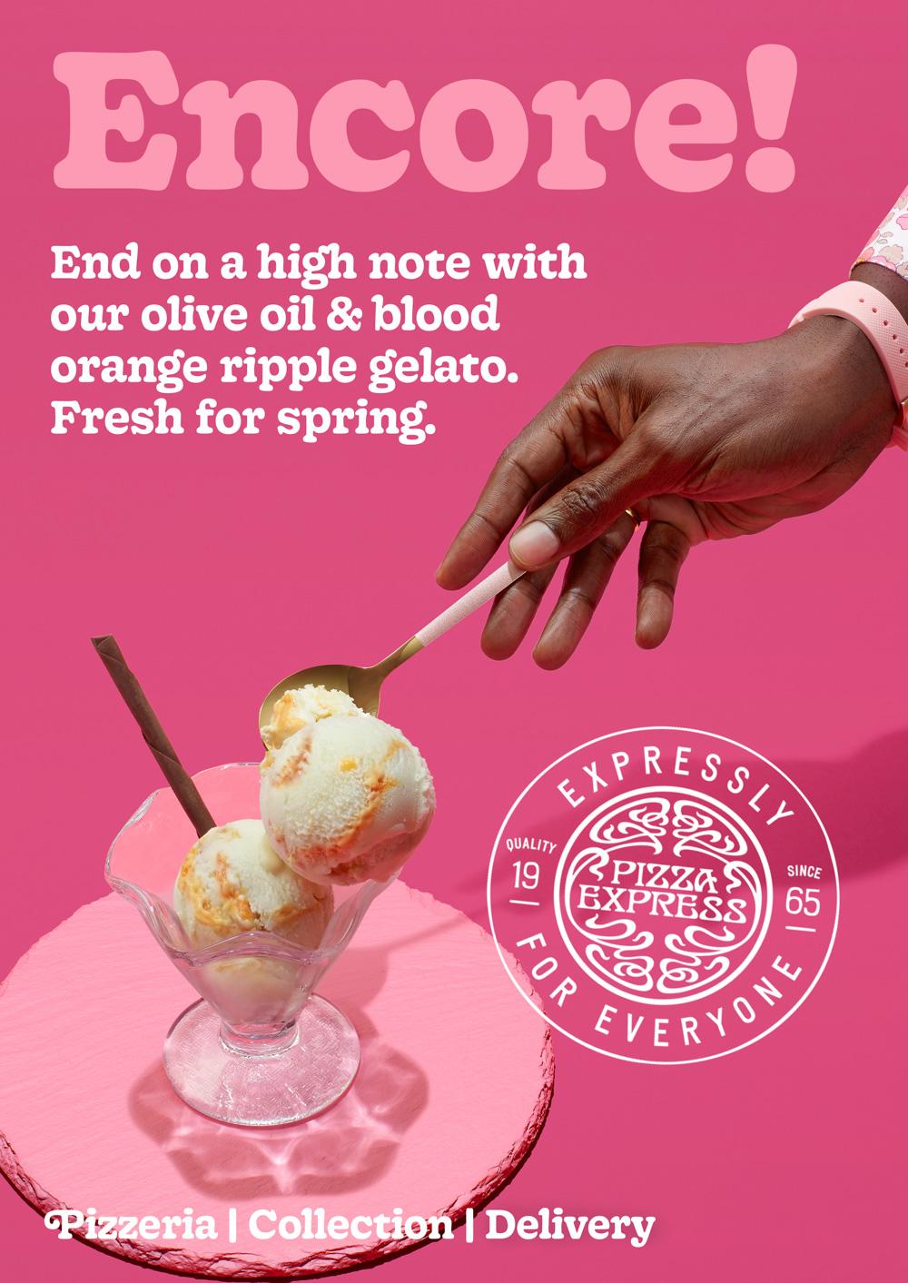A hand reaching for a spoon to scoop up a scoop of ice cream from a glass bowl, with a few scoops already in the bowl, on a pink background.