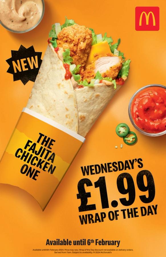 McDonald's ad for a fajita chicken wrap with chicken, lettuce, and sauce on an orange background, featuring the McDonald's logo in the top right.
