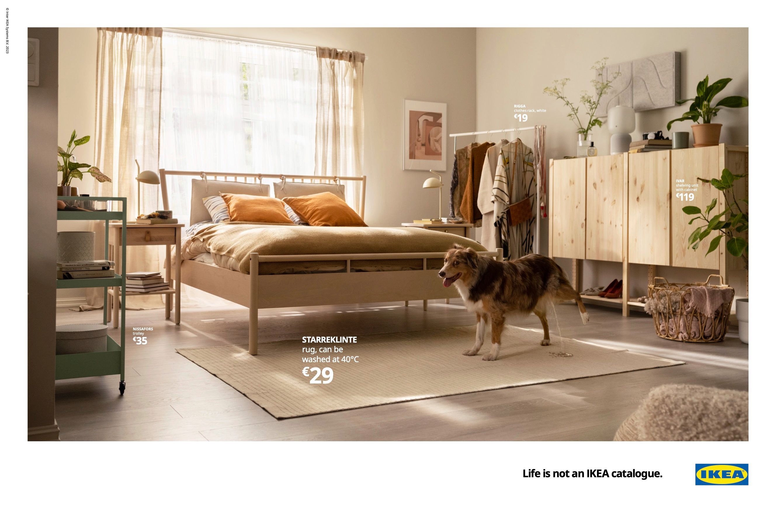 A bedroom with a bed, a dog, and a few pieces of furniture, including a bed, a nightstand, and a wardrobe.