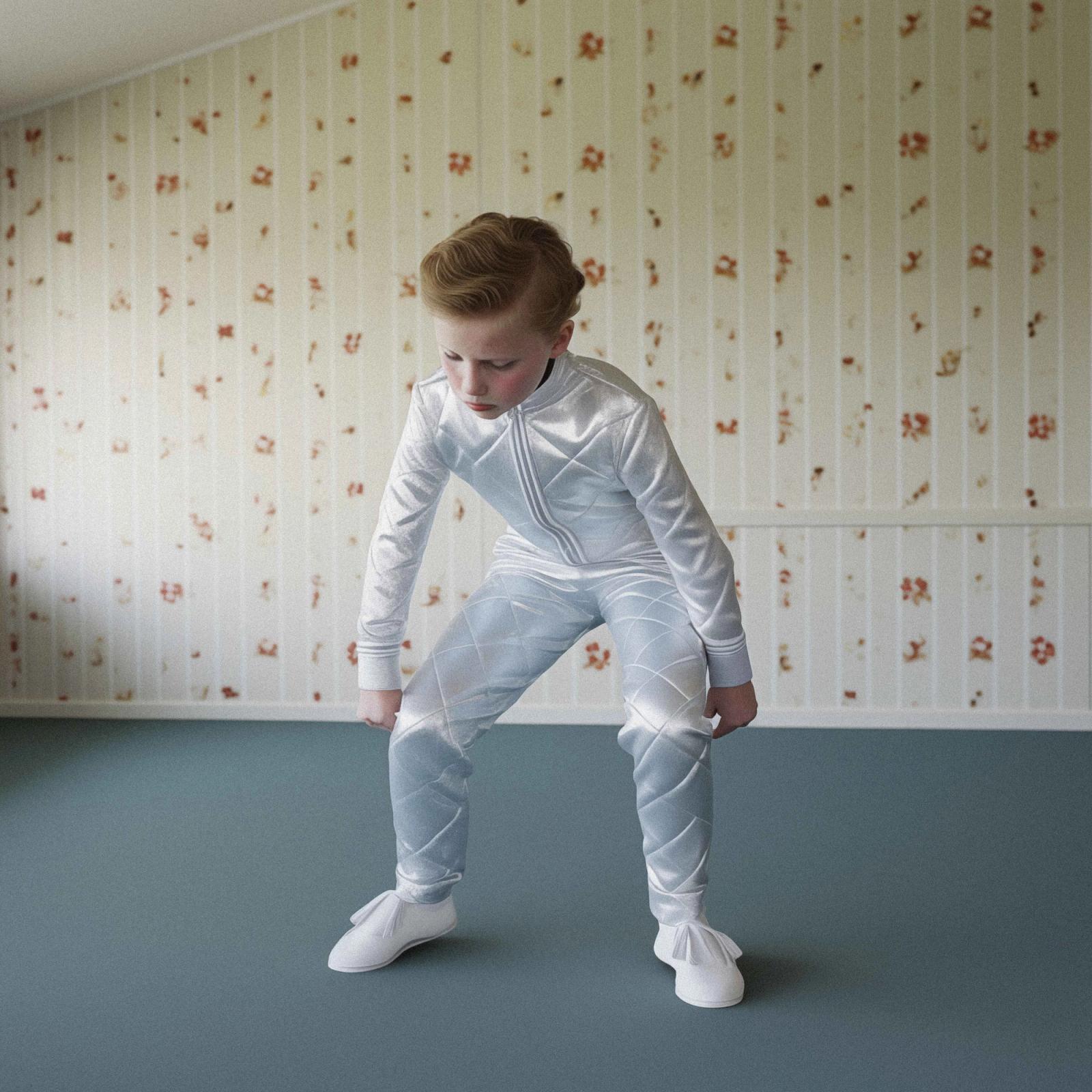 A young boy in a white, long-sleeved, zip-up jumpsuit with a hood, standing in a room with a floral wallpaper and a blue floor.