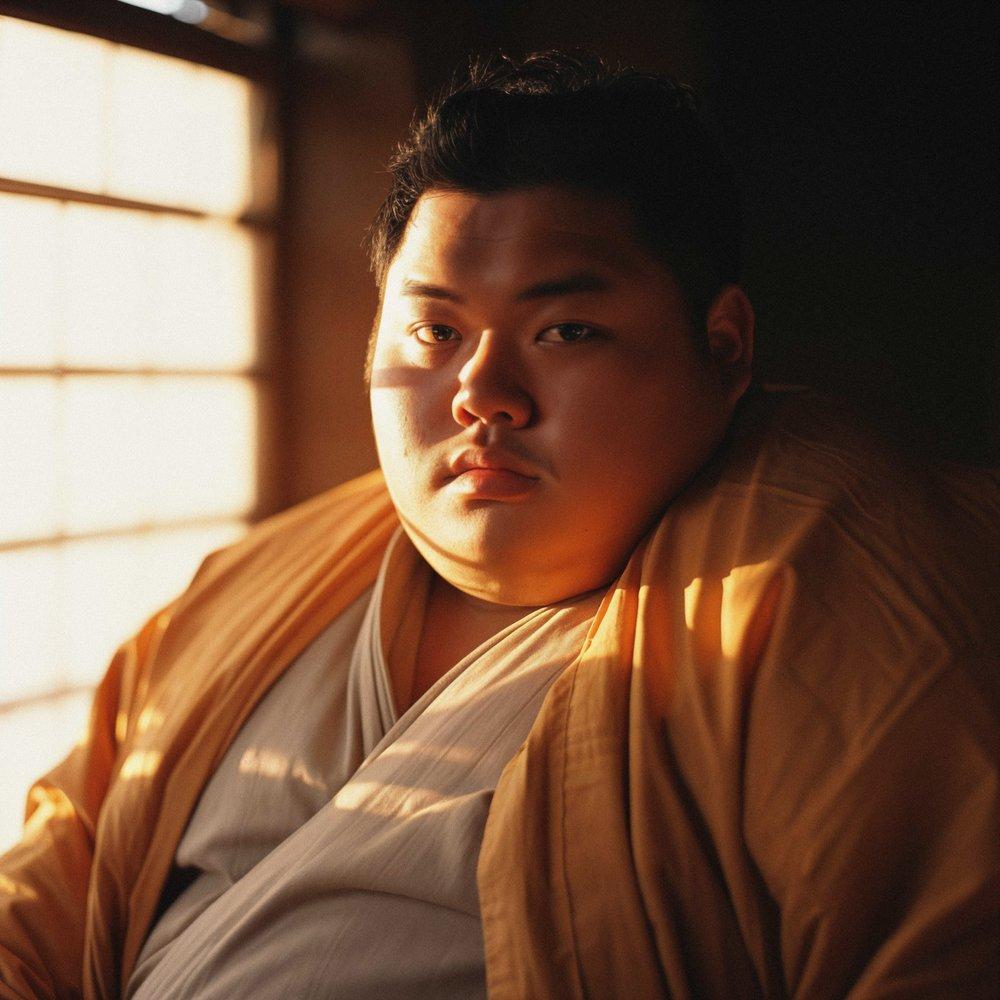 A young Asian man with a round face and short, dark hair, wearing a traditional Japanese kimono with a white shirt underneath, sitting in a dimly lit room with a wooden background.