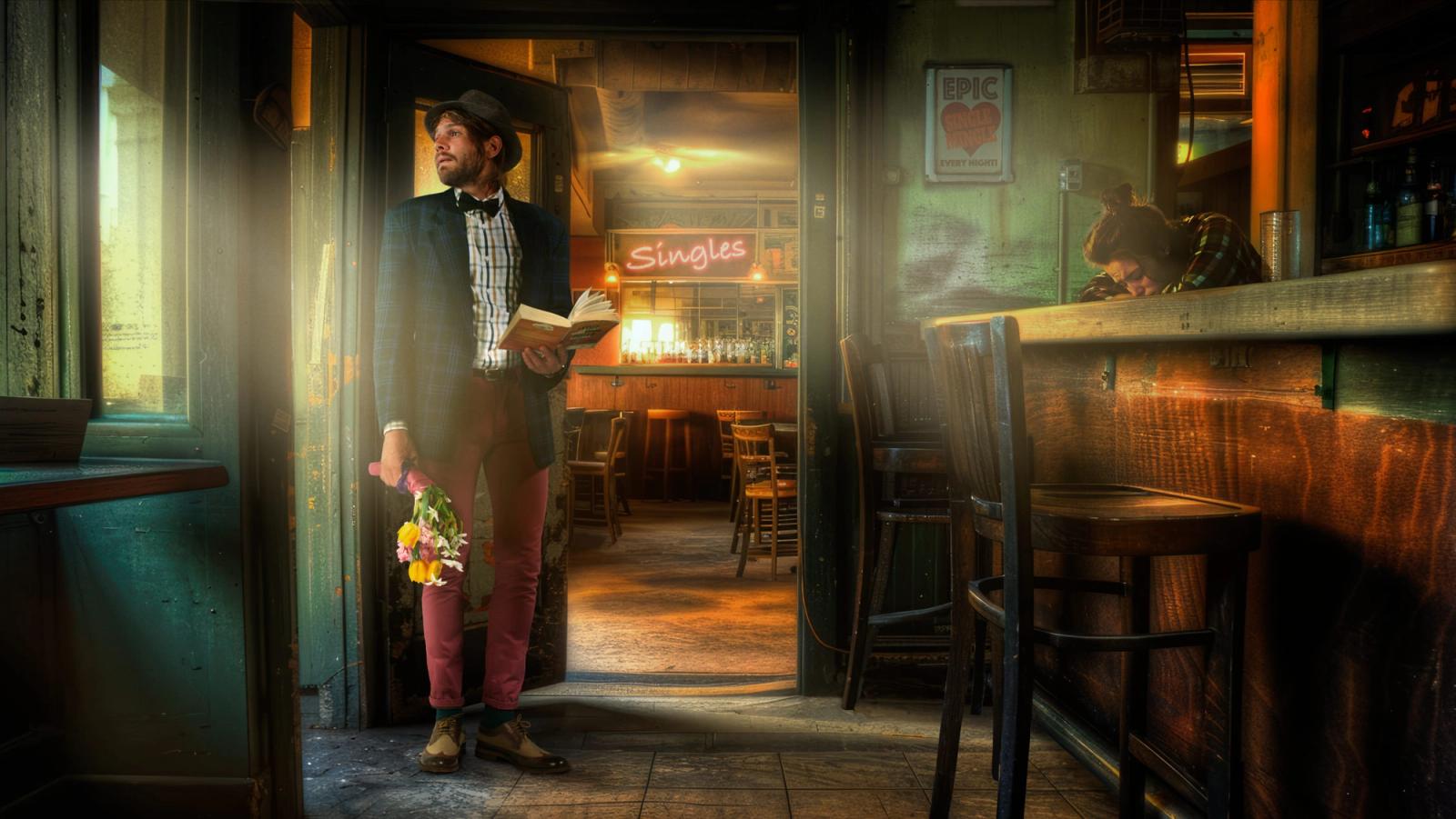 A man in a suit and fedora, holding a book and standing in a dimly lit, old-fashioned bar or pub, with a sign reading 'Singles' in the background. Gary Salter — AI Experiment