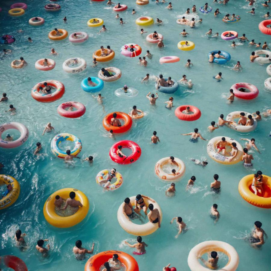 A large crowd of people swimming in a pool, surrounded by numerous inflatable rings and tubes of various colors.