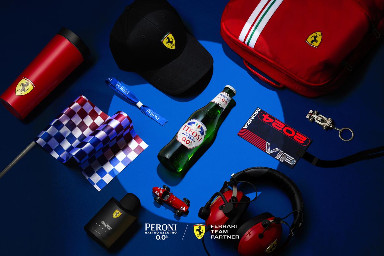 Various Peroni X Ferrari F1 branded items such as a cap, t-shirt, baseball bat, and glove in red and black.