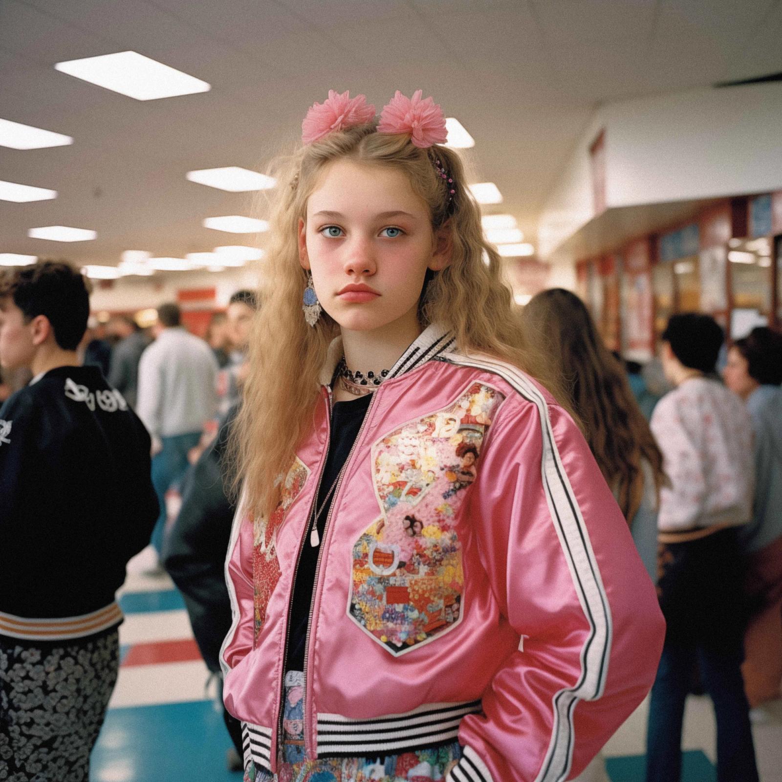 A young girl in a pink jacket with cartoon characters, standing in a school hallway with other students in the background.