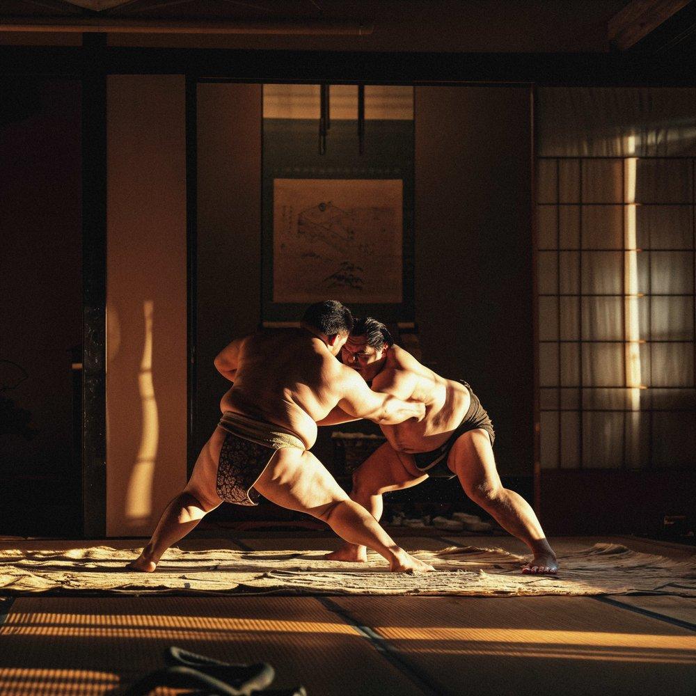Two individuals in traditional attire facing each other in a circular arena.