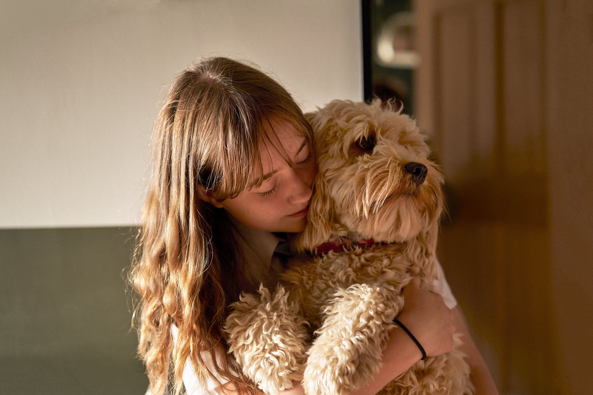 A young woman with long hair and a white shirt is hugging a small, fluffy, golden-brown dog.