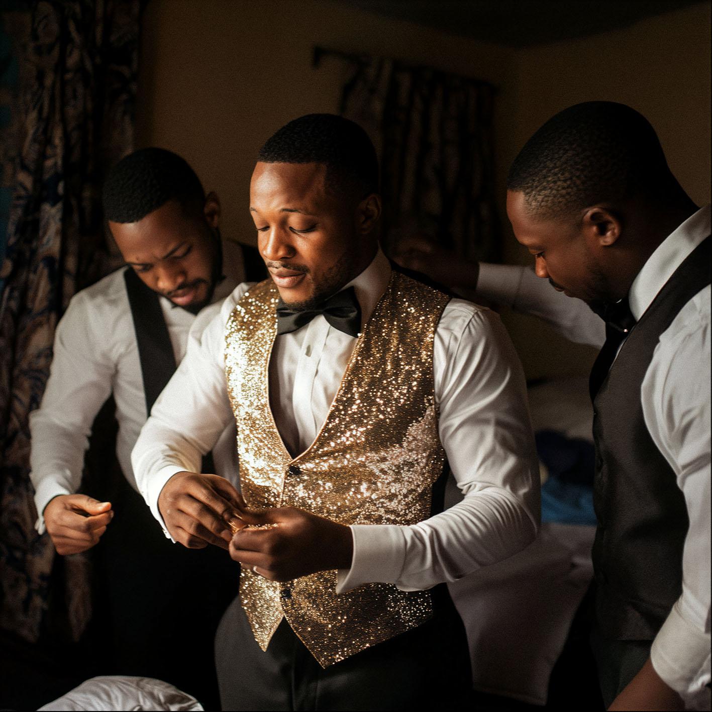 Three men in formal attire adjust their clothing in a dimly lit room.