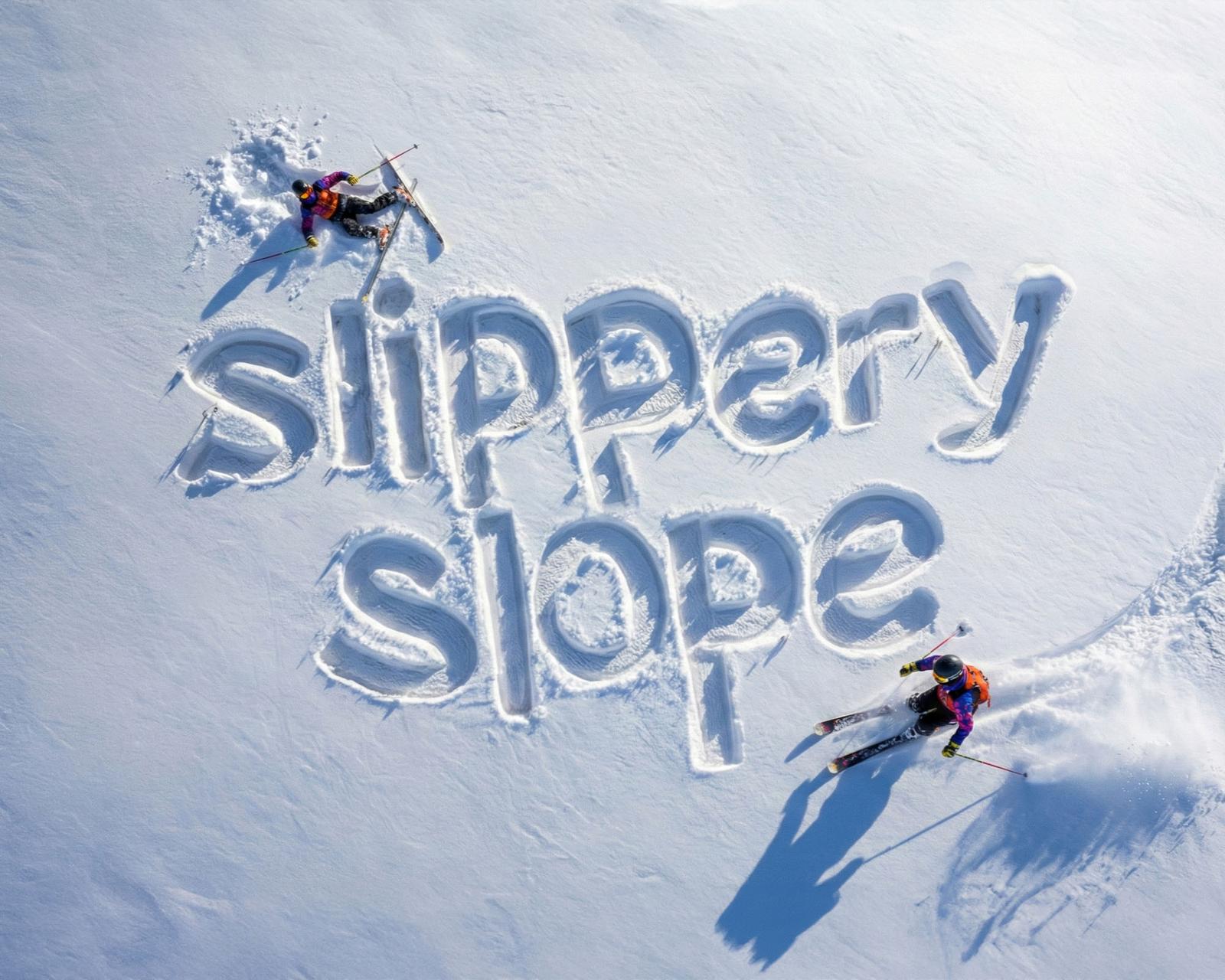 Three skiers in winter gear, one performing a trick, with 'Slippery Slope' written in the snow.