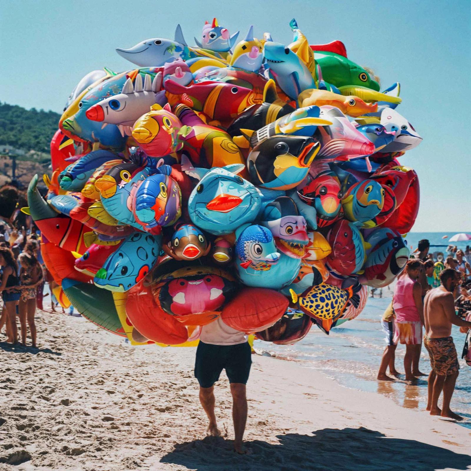 A man on a beach is surrounded by a large collection of inflatable beach balls, animals, and fish, including sharks and dolphins, in various colors and shapes.