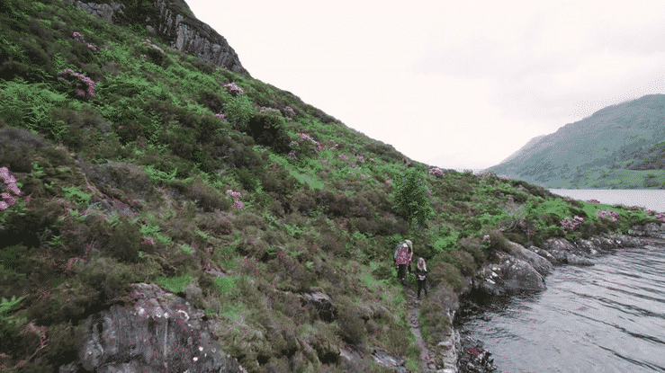 A person hiking in the mountains, wearing a backpack and carrying a walking stick, with a lake and mountains in the background.
