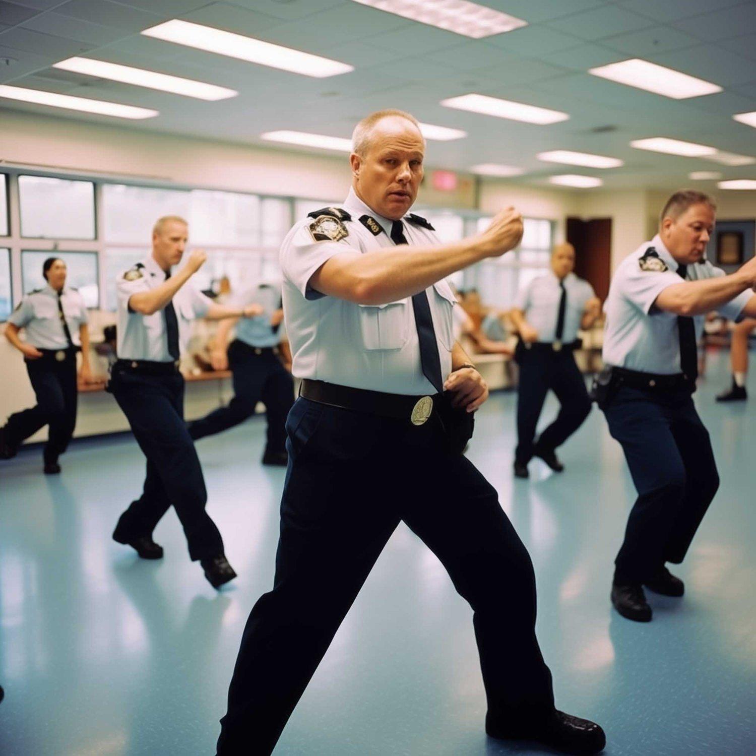 A group of police officers in a training room, wearing police uniforms and practicing martial arts moves.
