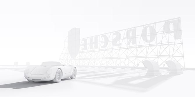A 3D rendered car in a futuristic, high-tech environment with a large screen displaying a cityscape.