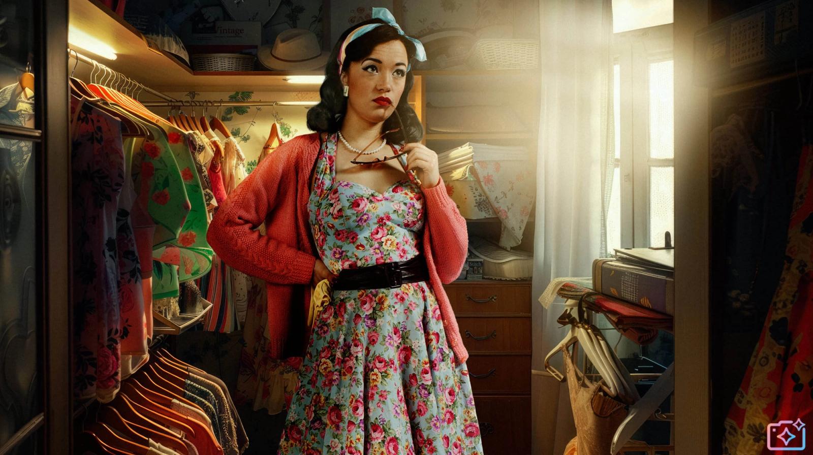 A woman stands in a cluttered closet surrounded by dresses, shoes, and fashion items.