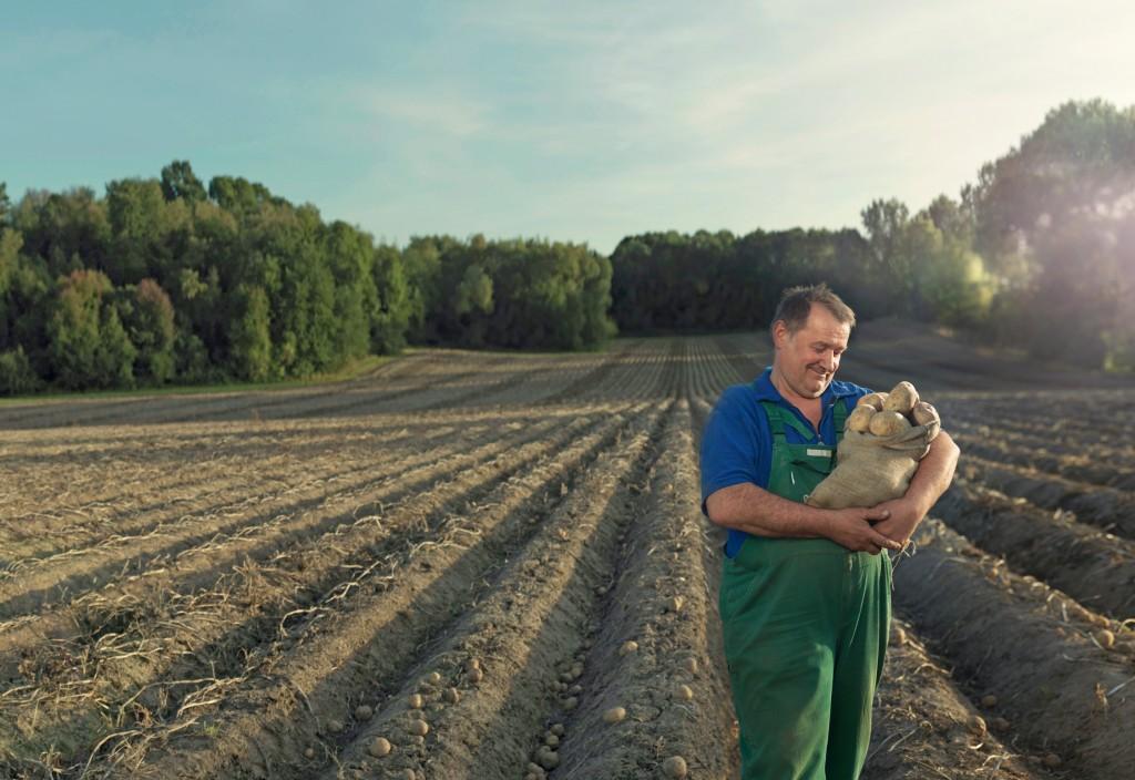 A person holding a large sack of potatoes in a field.