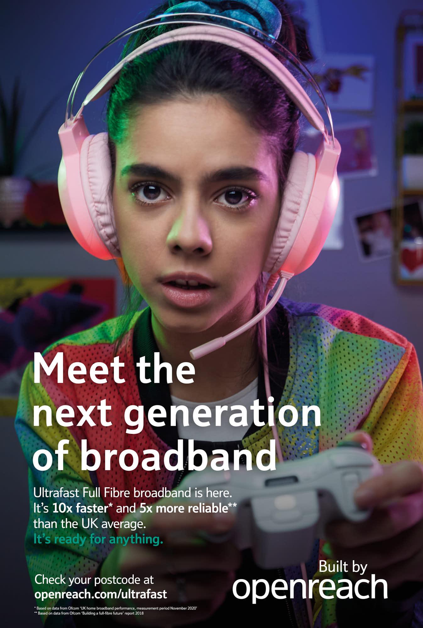 A young girl wearing a vibrant, multi-colored jacket, with a determined look on her face, holds a controller in her hands, ready to play. Her pink headphones and lights on her.