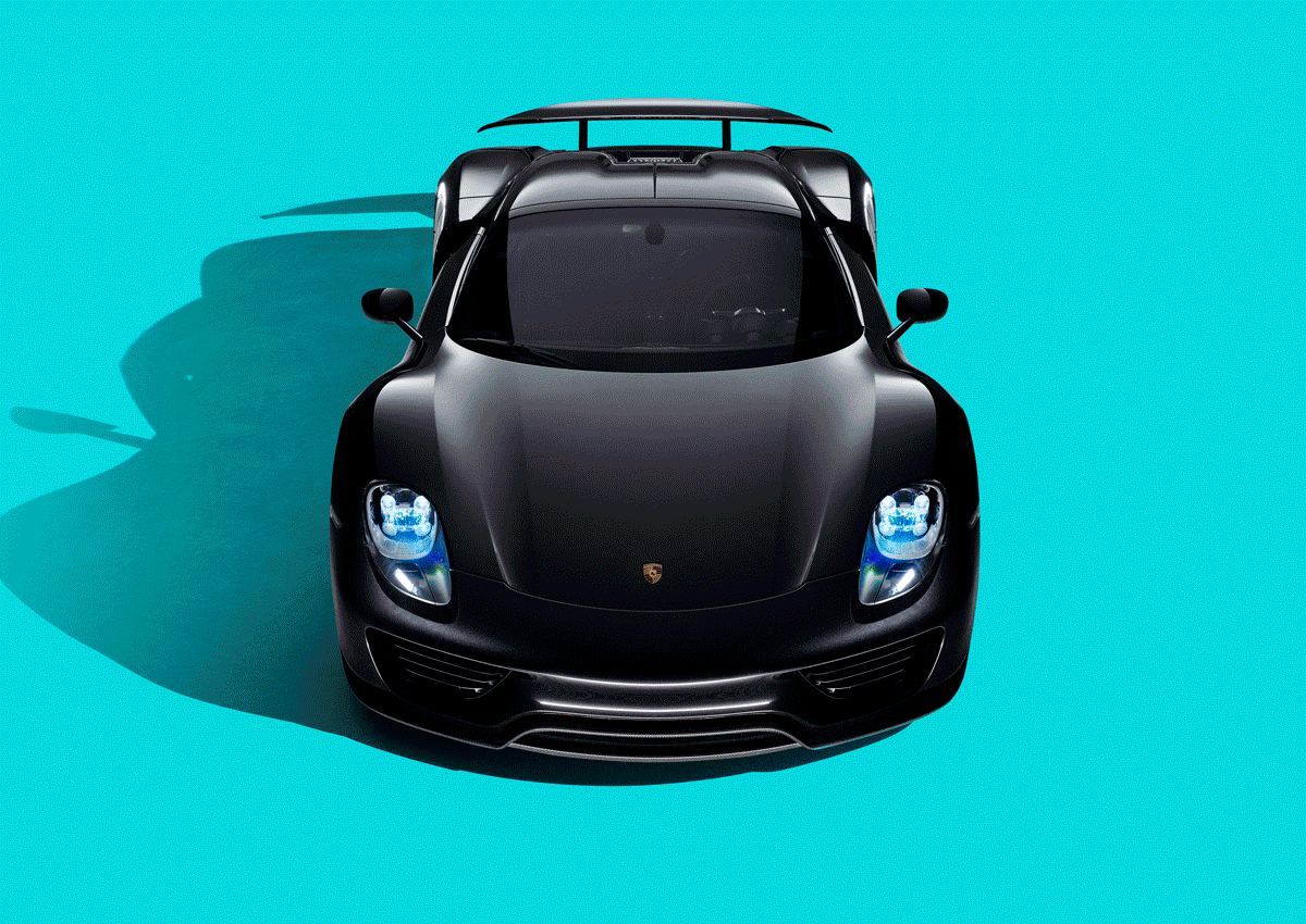 A sleek, black sports car with a gold logo on its front is parked on a bright, turquoise background, casting a shadow to the left. The mood is one of luxury and high-performance.
