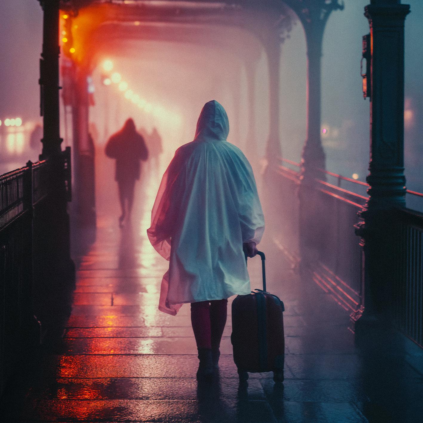 A person in a white rain poncho and carrying a suitcase walks down a dark, wet, and foggy street, with a cityscape in the background.