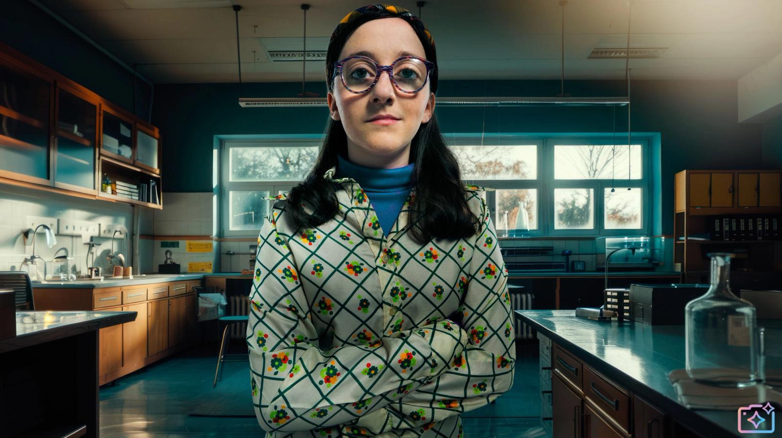 A woman with long dark hair and glasses standing in a science laboratory, wearing a white lab coat with a geometric pattern and a blue turtleneck.