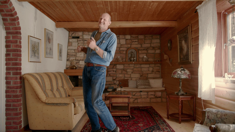 Morten Borgestad man in double denim dancing in living room retro vintage gif