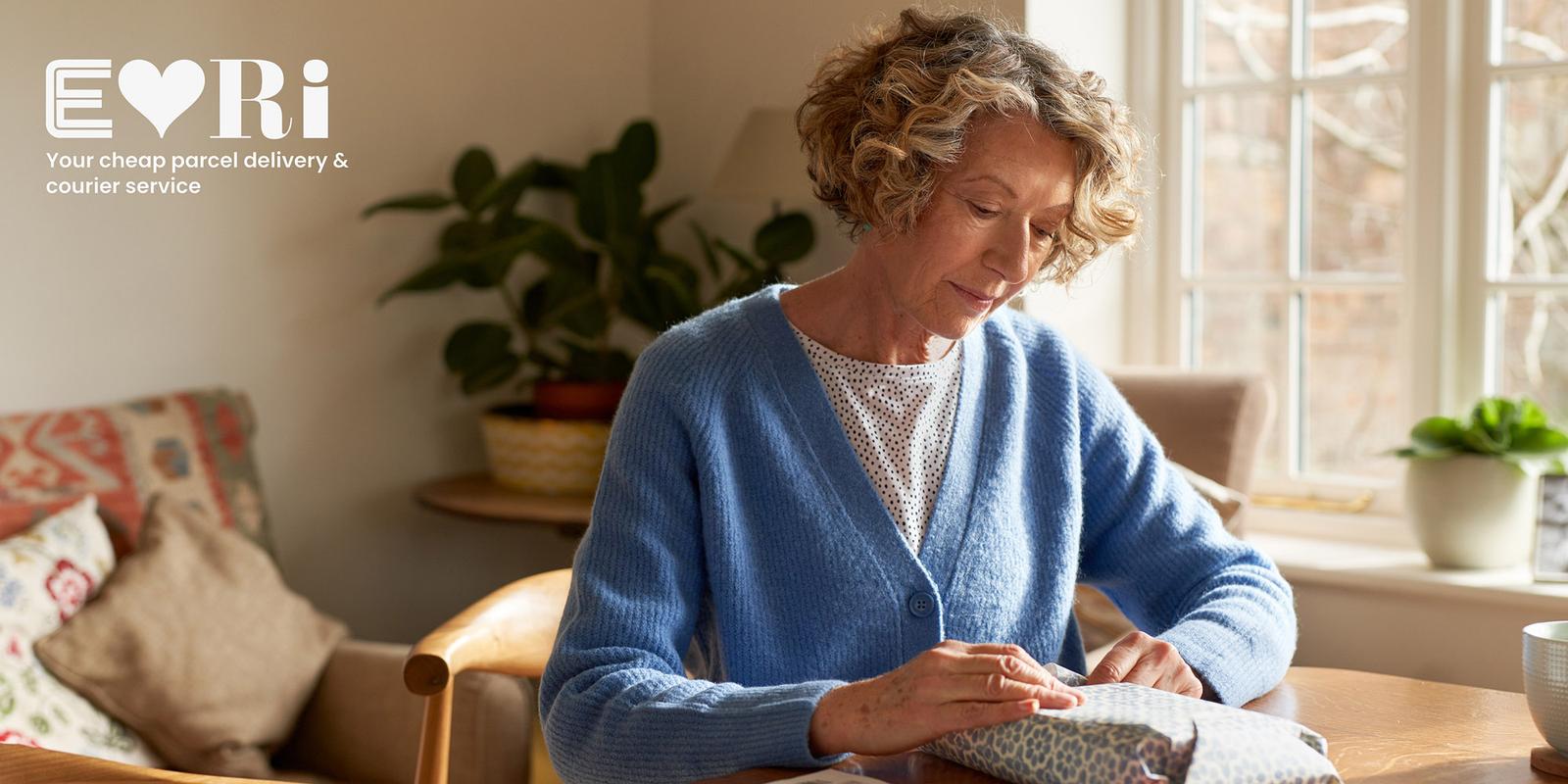 A woman in a blue cardigan and white top is sitting at a table, carefully wrapping a gift in a blue and white patterned paper.