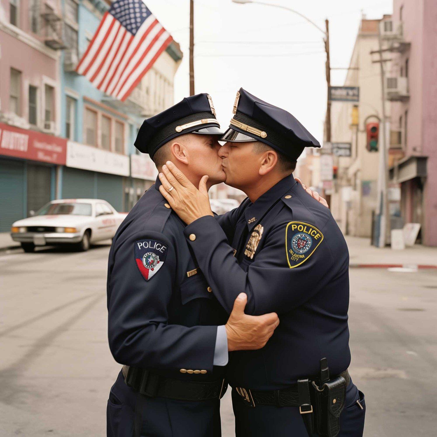 Two male police officers in uniform, one in a police cap and the other in a police hat, kissing in a city street with a US flag in the background.