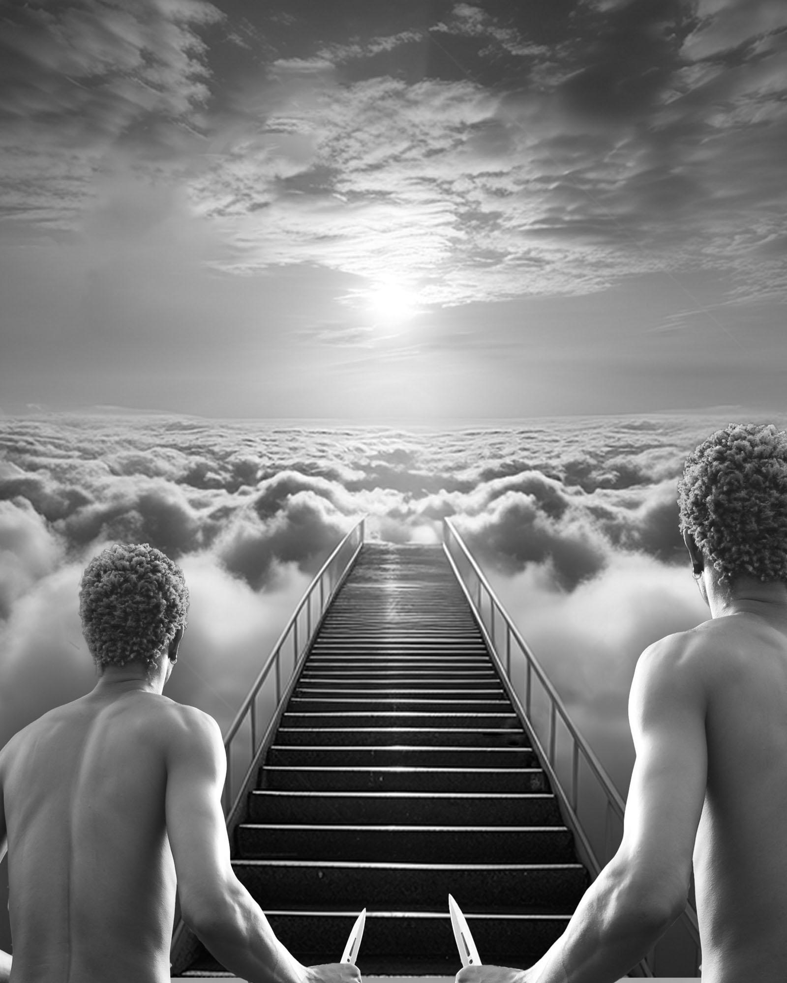 Two men, both naked, standing at the top of a long, narrow, metal staircase that stretches up into the clouds, with the sun shining down from above.