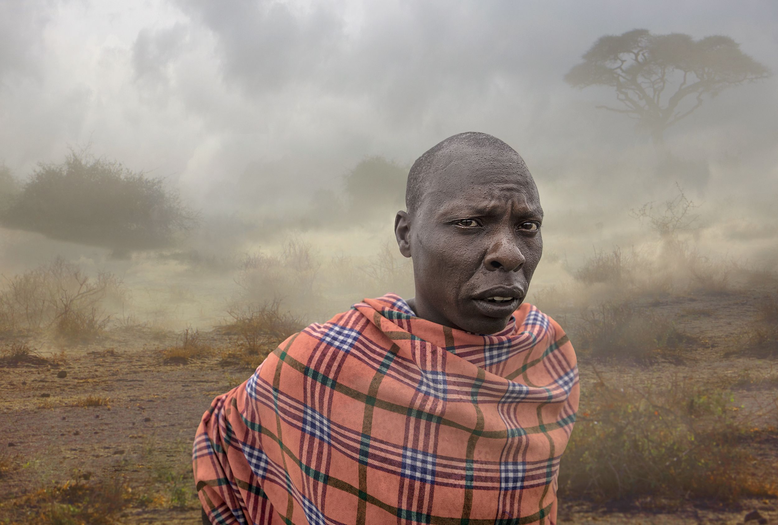 A Maasai tribesman in a traditional red and blue plaid shawl, standing in a dry, grassy savannah landscape.