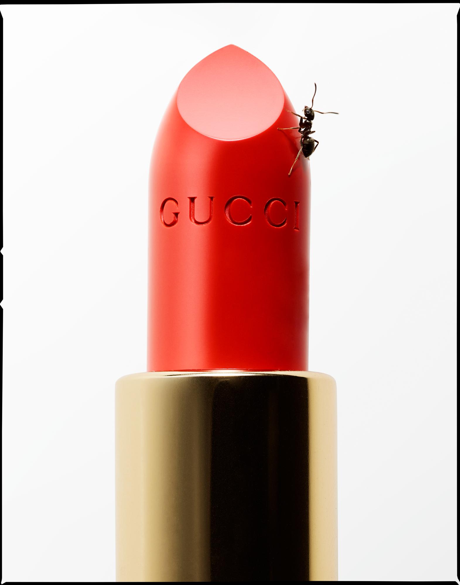 Red lipstick with a small black ant on the tip.