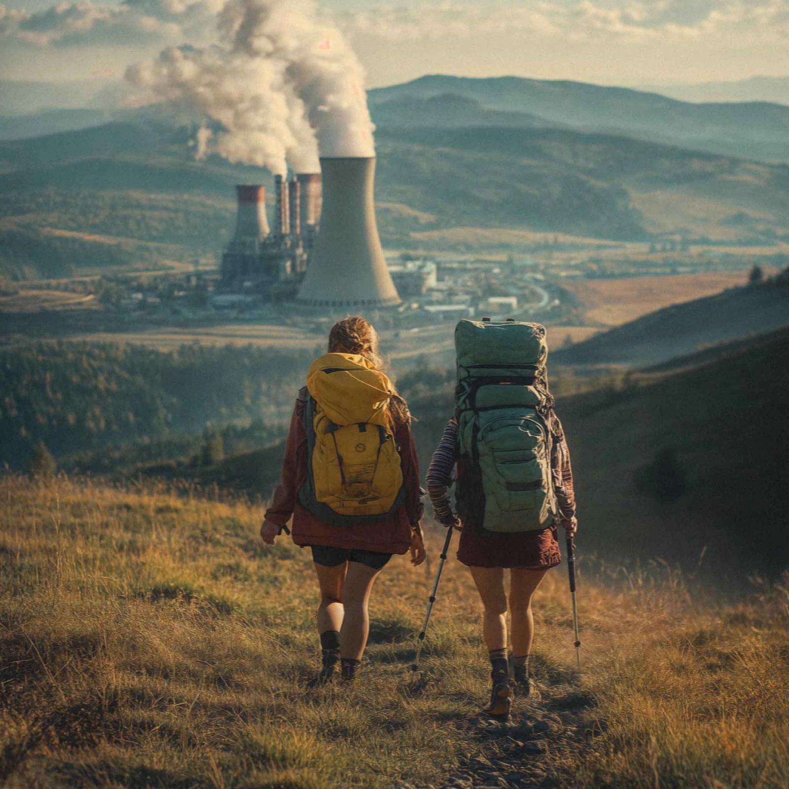 Two women in hiking gear, backpacks, and trekking poles, standing on a mountain overlooking a large industrial facility with multiple smokestacks and a power plant in the distance.