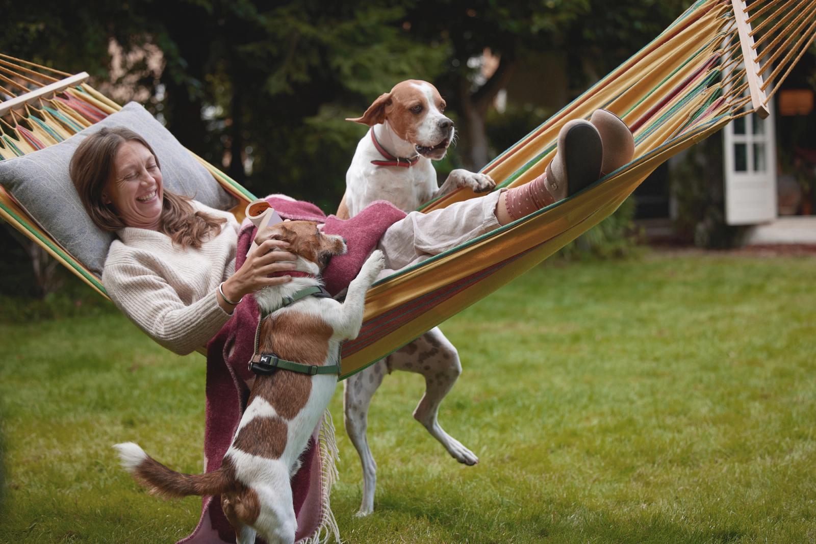 A woman is lounging in a hammock, surrounded by two playful dogs, one of which is jumping up to her, while the other is sitting at her feet, in a lush green backyard.