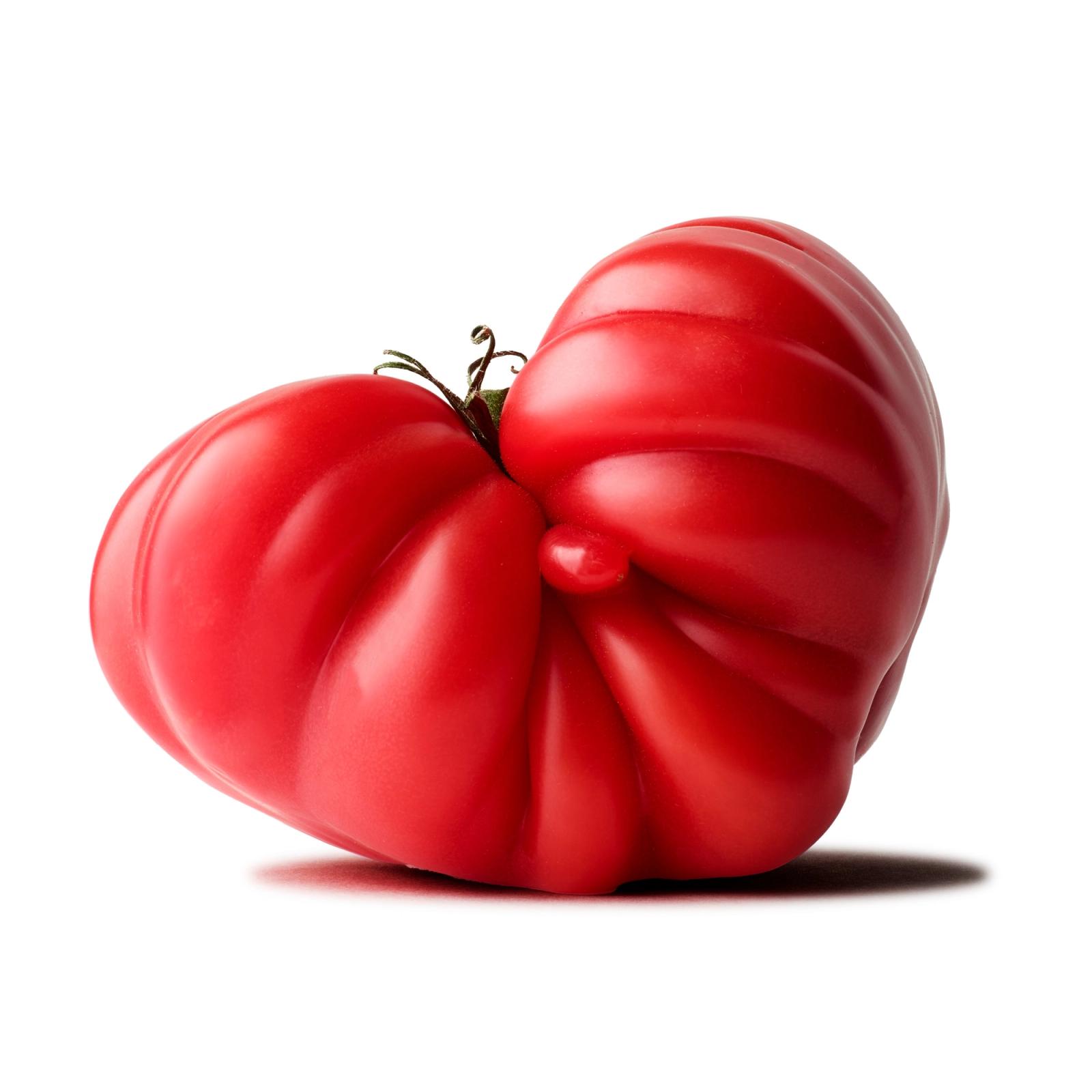 A bright red tomato in the shape of a heart, on a white background by Chelsea Bloxsome
