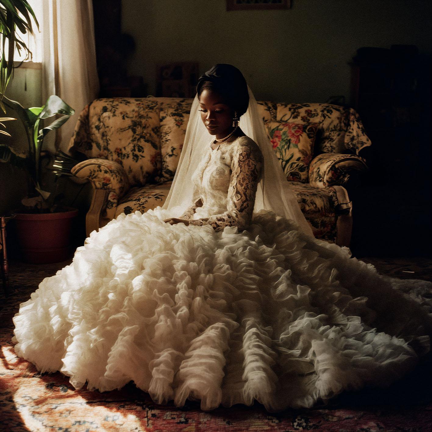 A woman in a wedding dress sits on a couch, surrounded by a few plants and a window with a view of a city skyline.